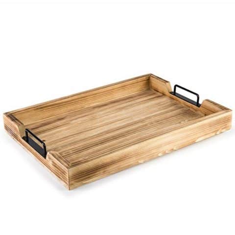 Light Torched Barnwood 20-Inch Serving Tray with Modern Black Metal Handles