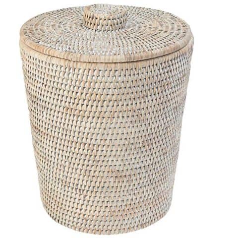 KOUBOO La Jolla Rattan Round Waste Basket with Lid, White Wash