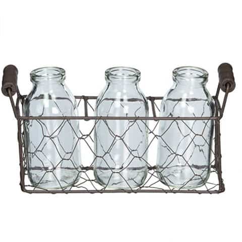Decorative Metal Basket with Three Glass Bottles