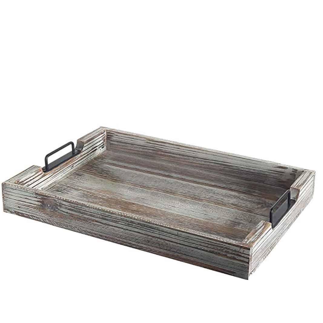 Distressed Torched Wood 20-Inch Serving Tray with Modern Black Metal ...