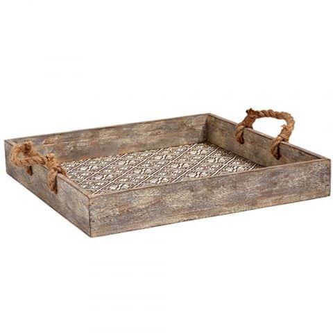 Stone & Beam Rustic Farmhouse Wood Serving Tray With Patterned Rattan and Rope Handles